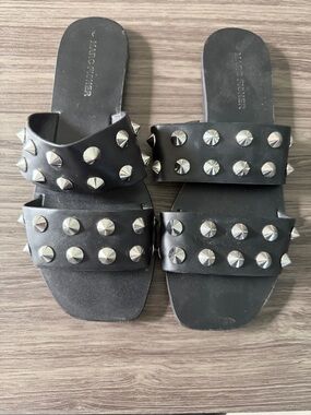 Marc Fisher Black Double-Band Stud Slide Sandals